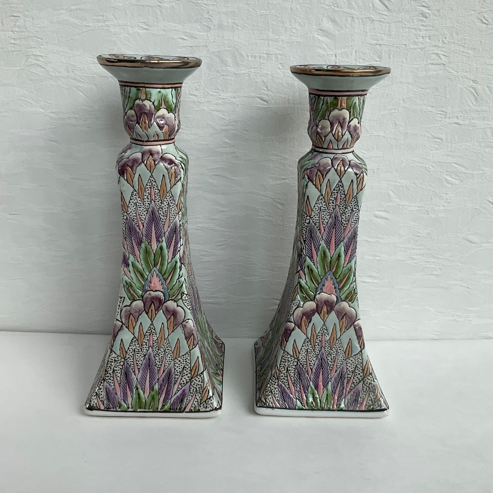 Vintage Chinoiserie Candle Holders Pastel Textured Boho Decor - One Pair…